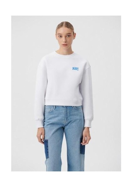 Mavi Logo Baskılı Beyaz Crop Sweatshirt 1611601-620