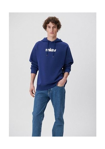 Erkek Mavi Logo Baskılı Kapüşonlu Mavi Sweatshirt 0S10001-70722