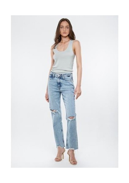 Kadın New York Açık Mavi Yırtıklı Vintage 90s Jean Pantolon 101441-83663