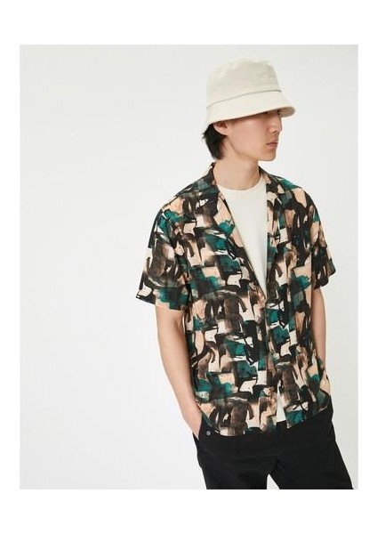 4SAM60042HW 9d8 Yesıl Desenlı Erkek Vıskoz Dokuma Kısa Kollu Gomlek