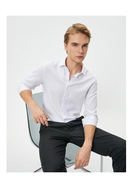 Klasik Gömlek Yarım Italyan Yaka Düğmeli Uzun Kollu