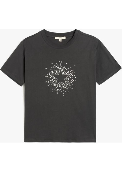 Pamuklu Kısa Kollu Bisiklet Yaka Yıldız Detaylı Taşlı Tişört