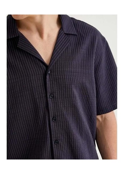 Kısa Kollu Gömlek Devrik Yaka Düğmeli - Koton - 4SAM60055HW - Lacivert Çizgili - S modelleri