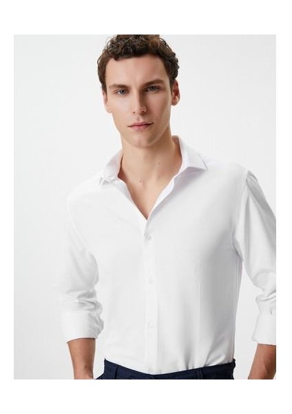 Slim Fit Gömlek Yarım Italyan Yaka Düğmeli Dokulu