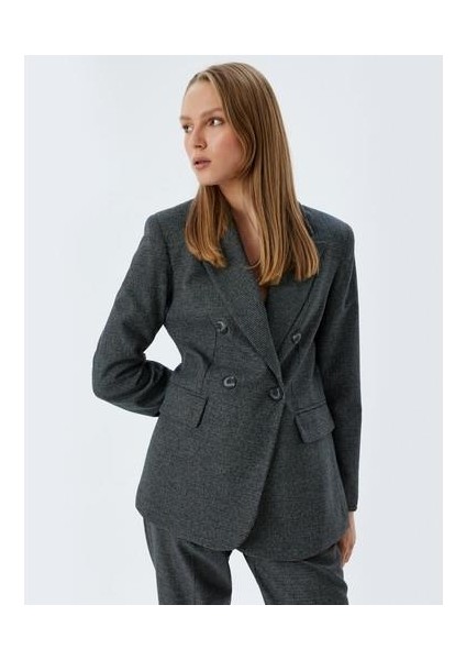 Oversize Blazer Ceket Kruvaze Ters Yaka Kapaklı Cepli Düğmeli