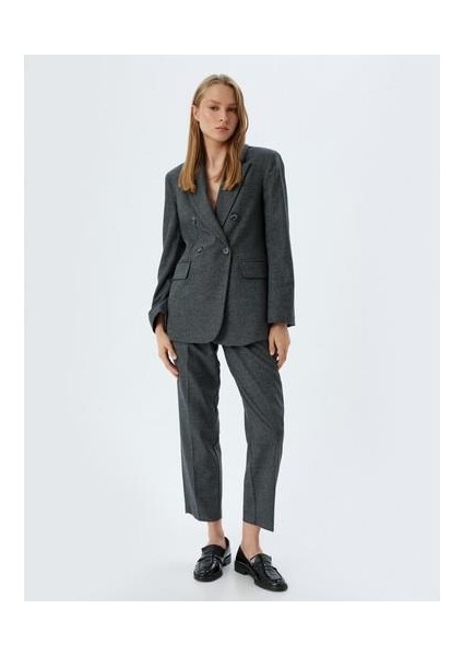 Oversize Blazer Ceket Kruvaze Ters Yaka Kapaklı Cepli Düğmeli