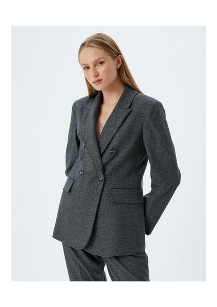 Oversize Blazer Ceket Kruvaze Ters Yaka Kapaklı Cepli Düğmeli