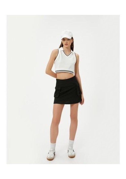Polo Yaka Crop Üst Kolsuz Çizgili Pamuklu