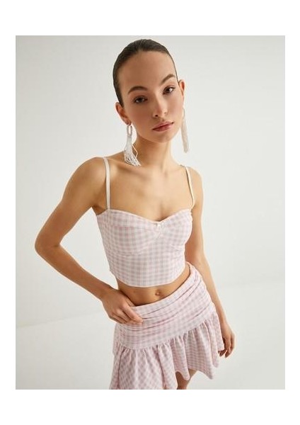 Ince Askılı Crop Üst Kalp Yaka