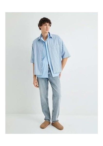 Oversize Gömlek Kısa Kollu Cep Detaylı Klasik Yaka - Koton - 4SAM60201HW - Mavi Çizgili - M modelleri