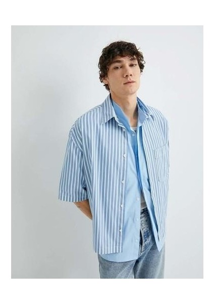 Oversize Gömlek Kısa Kollu Cep Detaylı Klasik Yaka - Koton - 4SAM60201HW - Mavi Çizgili - M fırsatları
