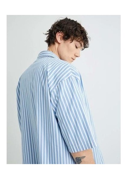 Oversize Gömlek Kısa Kollu Cep Detaylı Klasik Yaka - Koton - 4SAM60201HW - Mavi Çizgili - M indirimleri