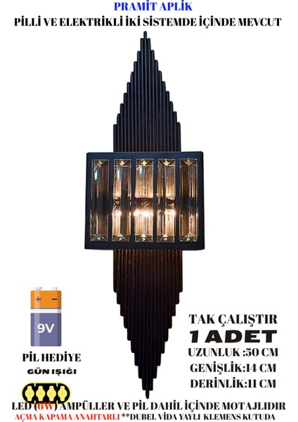 1 Adet-pramit siyah Aplik,Pilli Apilik led Ampüllü Tekli Duvar Apliği, Tekli Duvar Lambası, Otel Kafe Salon Ofis