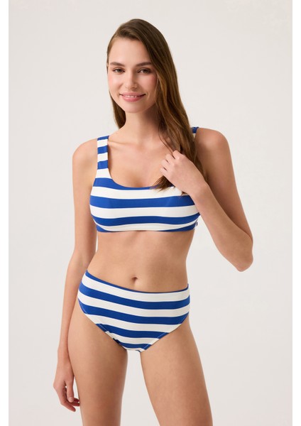 Lacivert-Beyaz Çizgili Kare Yaka Spor Bikini Üstü Sporty Top modelleri