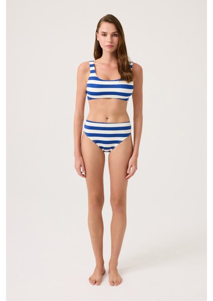 Lacivert-Beyaz Çizgili Kare Yaka Spor Bikini Üstü Sporty Top indirimleri