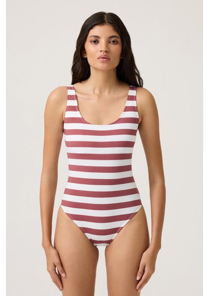 Bordo-Beyaz Çizgili U Yaka Spor Mayo Sporty One Piece