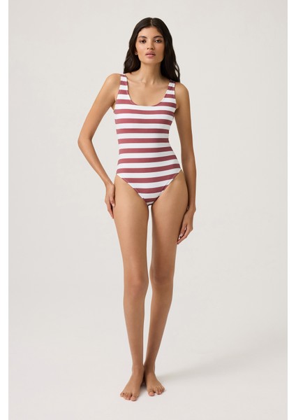 Bordo-Beyaz Çizgili U Yaka Spor Mayo Sporty One Piece fırsatları
