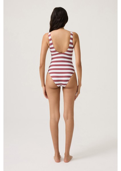 Bordo-Beyaz Çizgili U Yaka Spor Mayo Sporty One Piece indirimleri