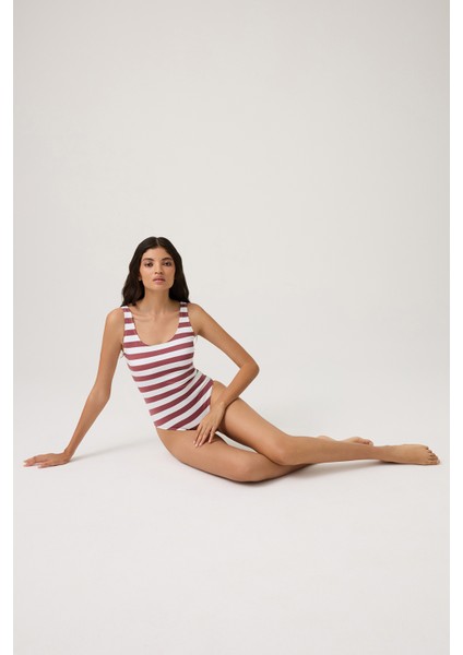 Bordo-Beyaz Çizgili U Yaka Spor Mayo Sporty One Piece