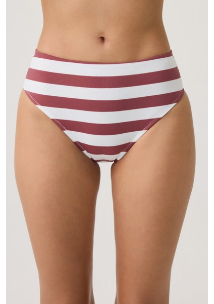 Bordo-Beyaz Çizgili Yüksek Bel Bikini Altı Sporty Bottom