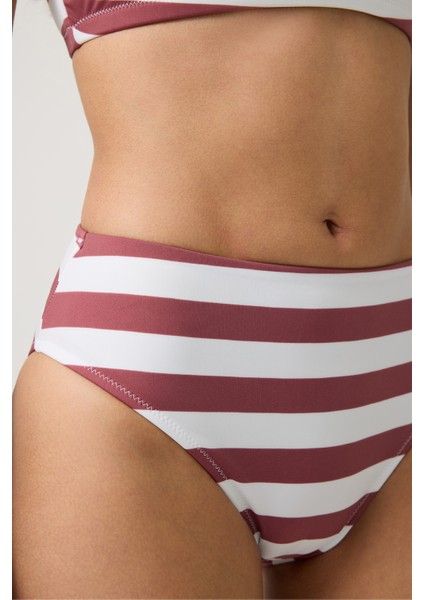 Bordo-Beyaz Çizgili Yüksek Bel Bikini Altı Sporty Bottom fiyatları