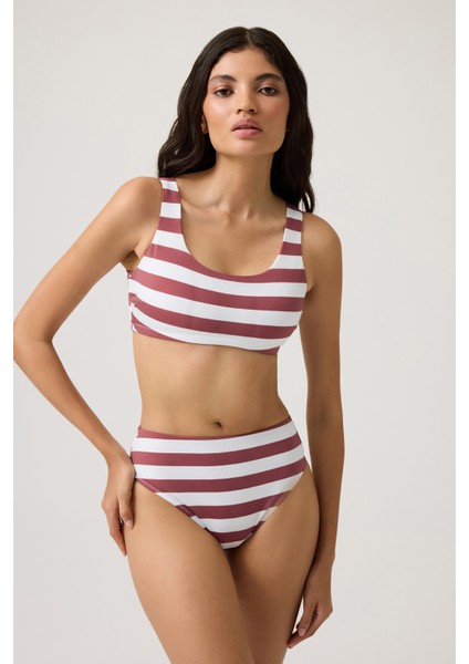 Bordo-Beyaz Çizgili Yüksek Bel Bikini Altı Sporty Bottom fırsatları