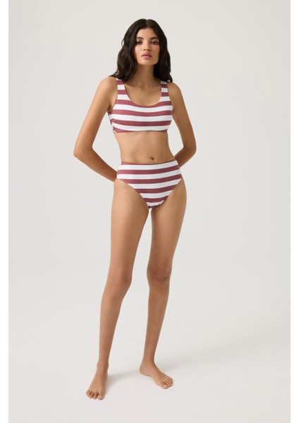 Bordo-Beyaz Çizgili Yüksek Bel Bikini Altı Sporty Bottom indirimleri