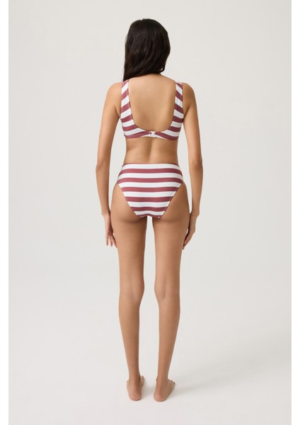 Bordo-Beyaz Çizgili Yüksek Bel Bikini Altı Sporty Bottom