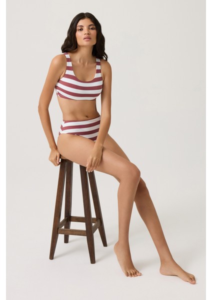 Bordo-Beyaz Çizgili Yüksek Bel Bikini Altı Sporty Bottom
