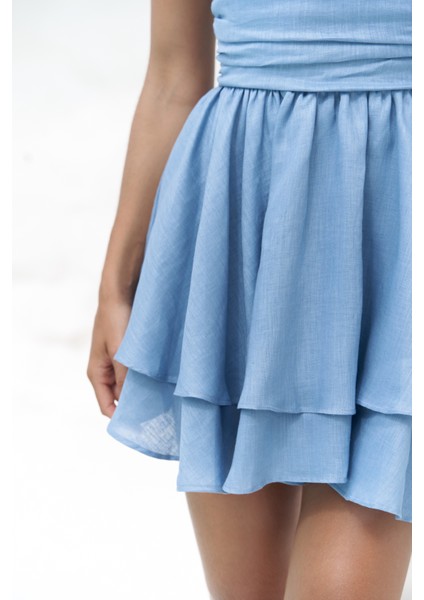 Zaneta Korsaj Detaylı Mavi Keten Mini Elbise