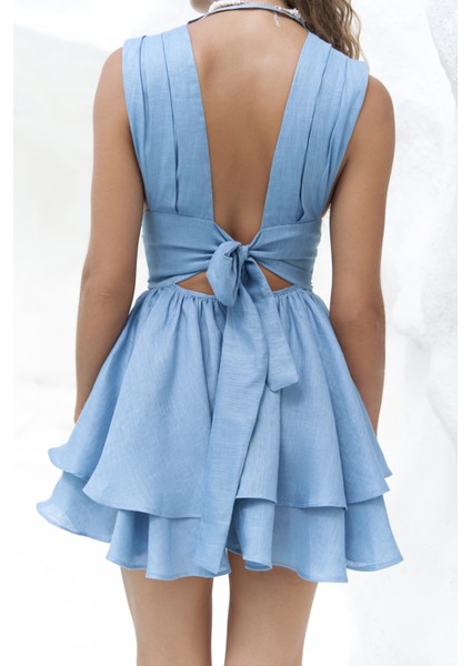 Zaneta Korsaj Detaylı Mavi Keten Mini Elbise
