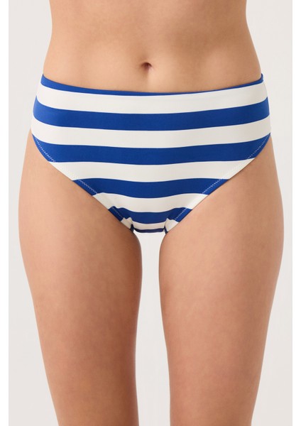Lacivert-Beyaz Çizgili Yüksek Bel Bikini Altı Sporty Bottom