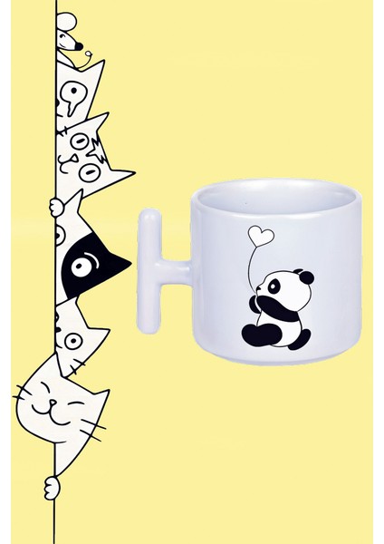 Panda Love Kalp Uçan Balon Tasarım Baskılı Beyaz T Sap Kupa Bardak
