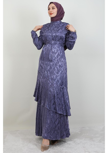 Kendinden Desenli Asimetrik Elbise Lila