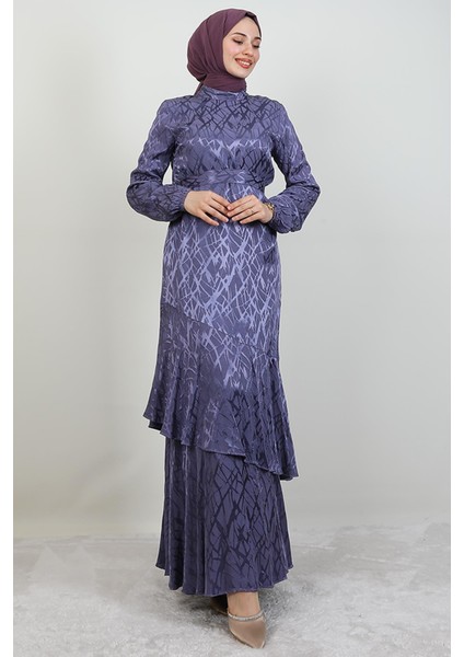 Kendinden Desenli Asimetrik Elbise Lila fırsatları