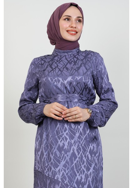 Kendinden Desenli Asimetrik Elbise Lila indirimleri