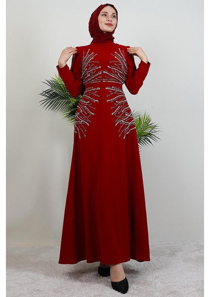 Mia Taşlı Tesettür Elbise Bordo