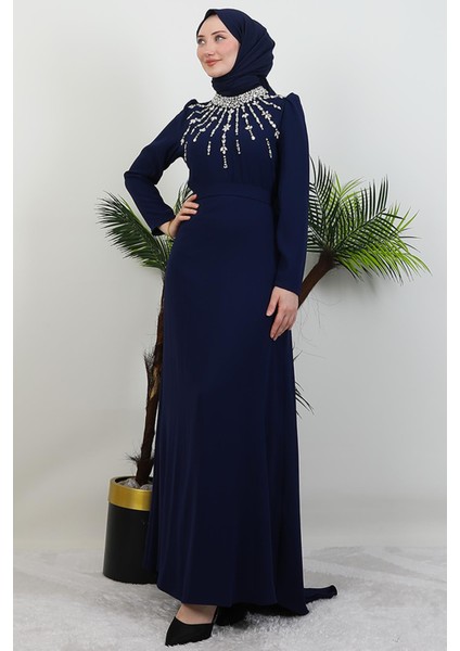 Yakası Taş Işlemeli Elbise Lacivert