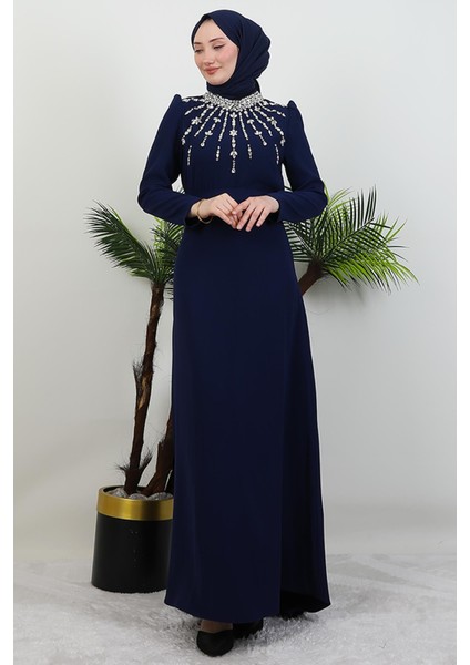 Yakası Taş Işlemeli Elbise Lacivert fiyatları