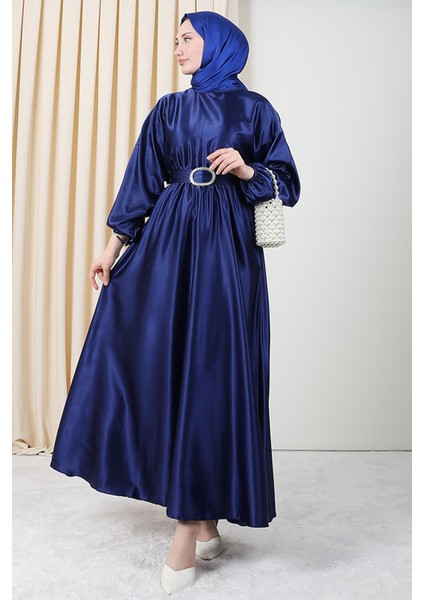 Zincir Motif Kuşaklı Elbise Lacivert