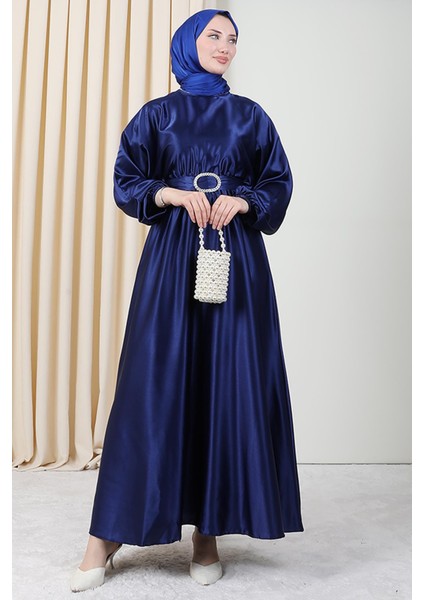 Zincir Motif Kuşaklı Elbise Lacivert fırsatları