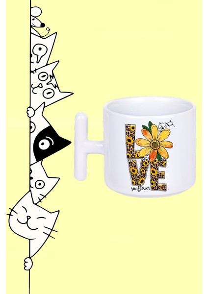 Sunflower Ayçiçeği Tasarım Baskılı Beyaz T Sap Kupa Bardak