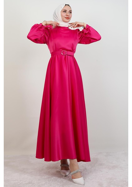 Saten Kemerli Elbise Pembe