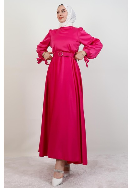 Saten Kemerli Elbise Pembe modelleri