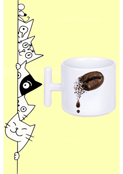 Coffee Kahve Çekirdeği Tasarım Baskılı Beyaz T Sap Kupa Bardak
