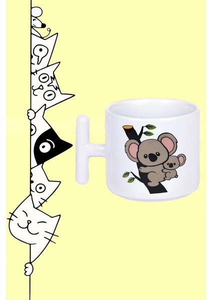 Sevimli Koala Ailesi Tasarım Baskılı Beyaz T Sap Kupa Bardak