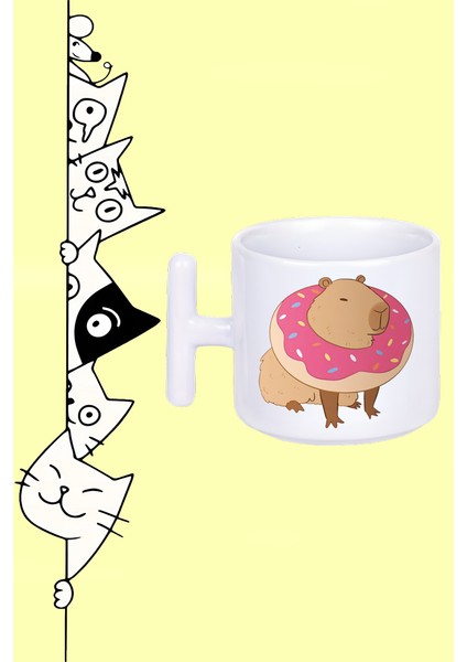 Sevimli Hayvan Capybara ve Donut Tasarım Baskılı Beyaz T Sap Kupa Bardak