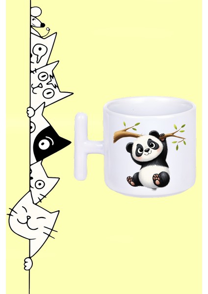 Panda Sevimli Hayvan Tasarım Baskılı Beyaz T Sap Kupa Bardak