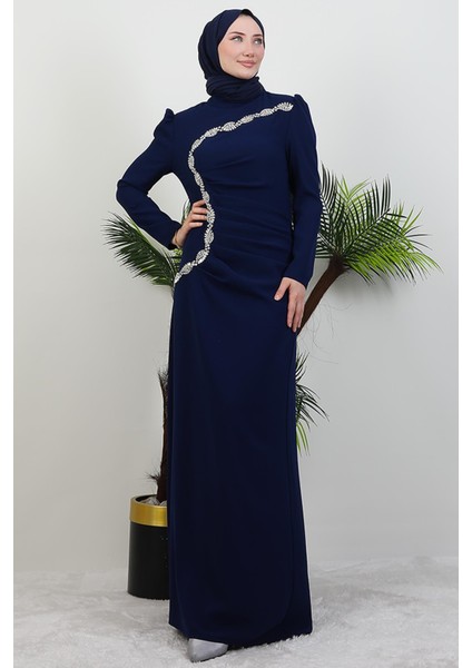 Gümüş Taş Işlemeli Elbise Lacivert