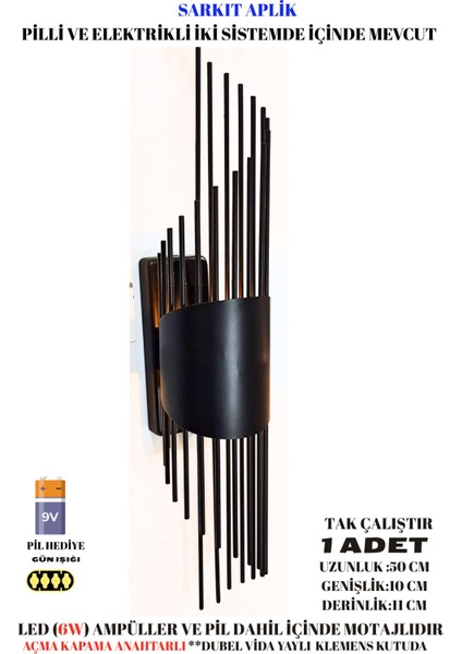 1 Adet-Sarkıt Siyah pilli aplik, anahtarlı, Pilli Elektrikli 2'si 1 Arada, Ledli Duvar Aplik, Gece lambası, Walllamp